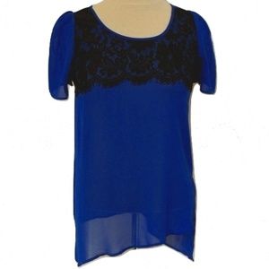 Dex Cobalt Blue Sheer Pull On Short Sleeve Blouse W/Lace Accent NEW- Sz. XS